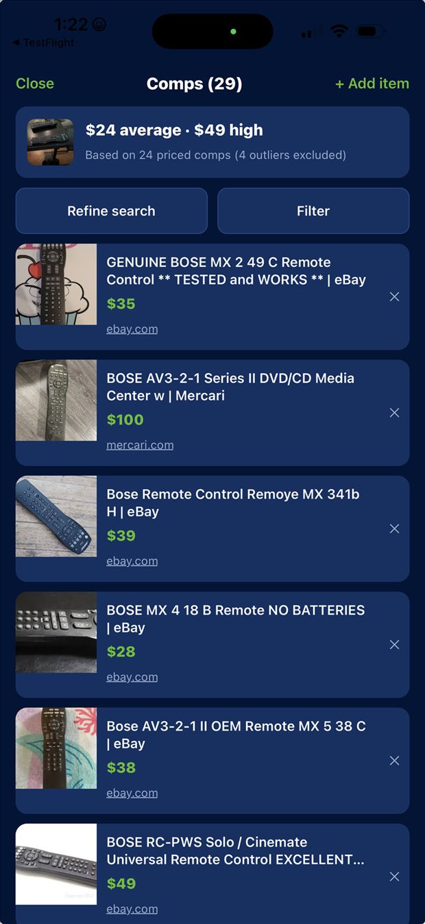 A list of comparable listings with prices and sources