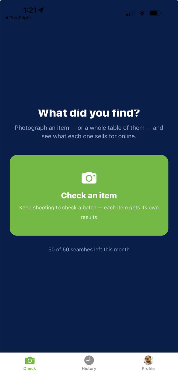 The Check tab, with a large Check an item button